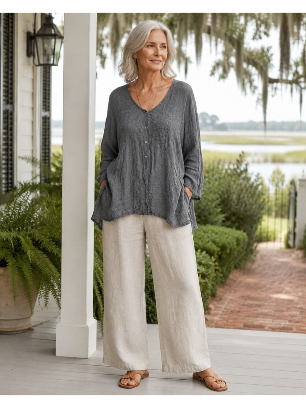 Flax charcoal gray long linen button up lagenlook coastal grandma top